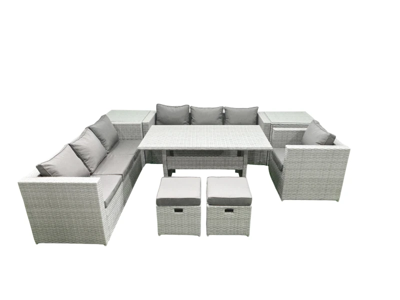 Image of Fimous 8 Pieces Outdoor Rattan Sofa Set with Cushions Patio Garden Furniture Sets with Armchair Dining Table 2 Side Tables 2 Small Footstools Light Gr