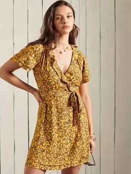 Image of Superdry Summer Wrap Dress - Autumn Ditsy Gold, Size 14, Women