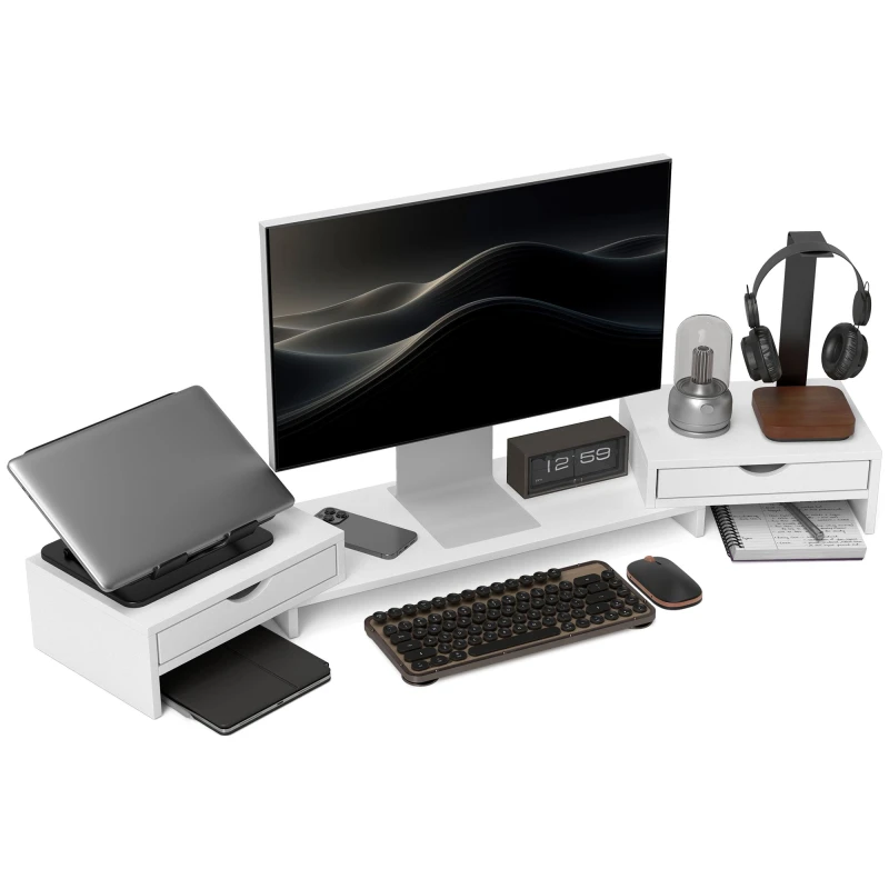 Image of HOMCOM Dual Monitor Stand Riser with Adjustable Length and Angle - White TJ Hughes 5063603929623
