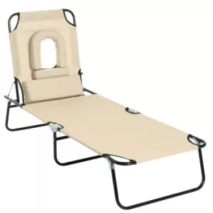 Image of Outsunny Sun Lounger Foldable Reclining Chair with Pillow and Reading Hole Garden Beach Outdoor Recliner Adjustable Beige