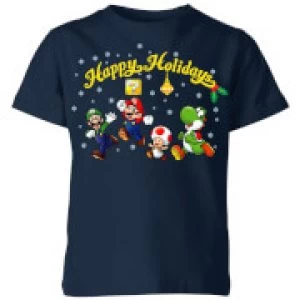 Image of Nintendo Super Mario Good Guys Happy Holidays Kid's Christmas T-Shirt - Navy - 9-10 Years