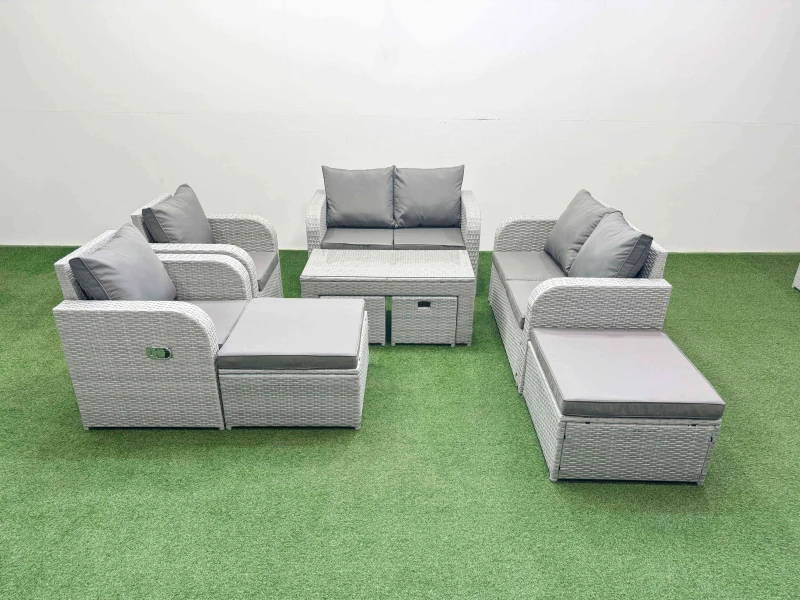Image of Fimous Pe Wicker Rattan Furniture Sofa Sets With Oblong Coffee Table Love Sofa Reclining Chair 4 Stools Light Grey Mixed