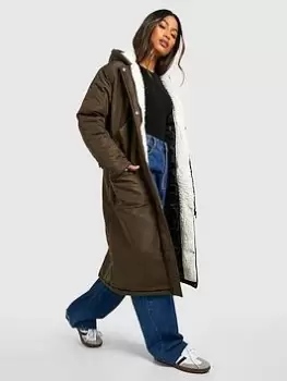 Image of Boohoo Teddy Faux Fur Hood Lined Parka Coat - Khaki, Green, Size 8, Women