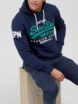 Image of Superdry Vintage Label Overhead Hoodie - Navy Blue, Navy Blue, Size 2XL, Men