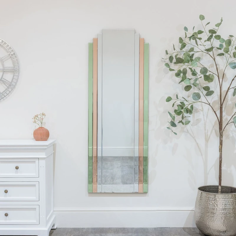 Image of Melody Maison Large Frameless Pink & Green Glass Art Deco Wall Mirror 52cm X 142cm Green