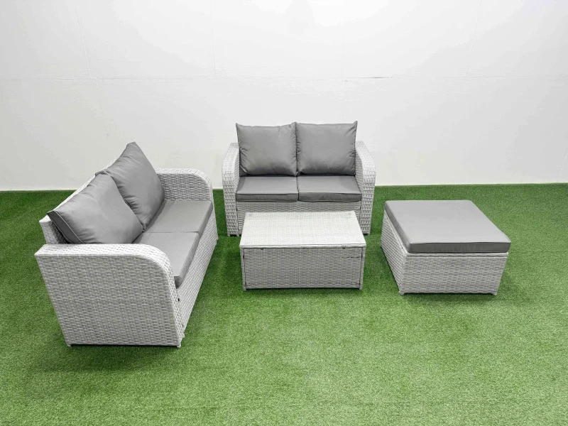 Image of Fimous 5 Seater Outdoor Love Sofa Set Rattan Garden Furniture Set with Rectangular Coffee Table Big Footstool Light Grey Light Grey