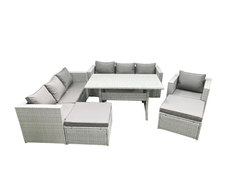 Image of Fimous 7 Pieces Outdoor Rattan Sofa Set with Cushions Patio Garden Furniture Sets with Armchair Dining Table 2 Big Footstools Light Grey