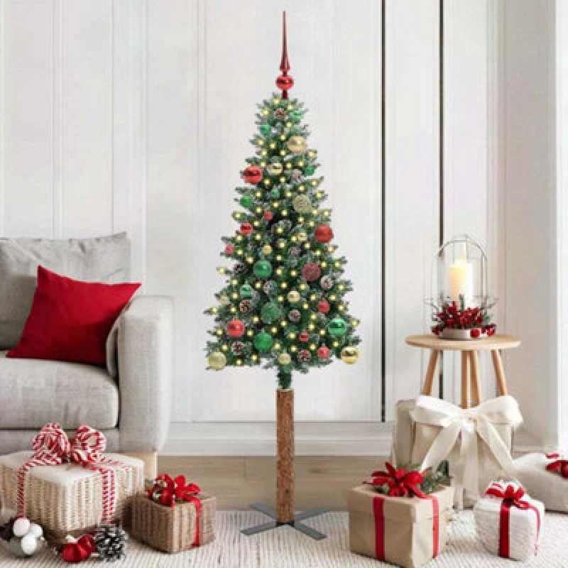 Image of vidaXL Slim Christmas Tree with 150 LEDs, Multicolour Balls Green and White 150 cm, Green 3394894