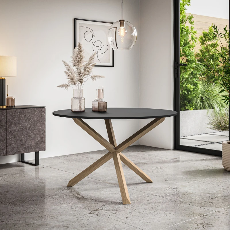 Image of More4Homes Malvern Round Dining Table Black Table Top W Solid Oak Legs