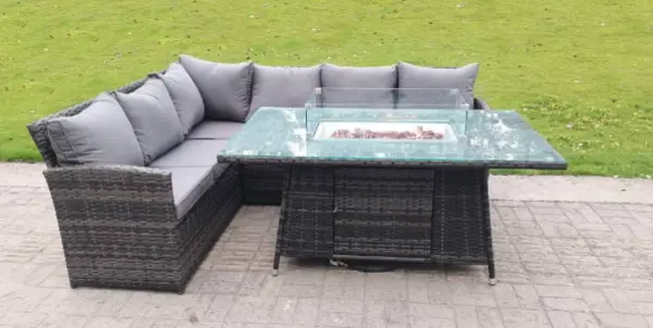 Image of Fimous 6 Seater Outdoor Dark Grey Rattan Lounge Complete Sofa Set with Gas Fire Pit Dining Table and Gas Heater