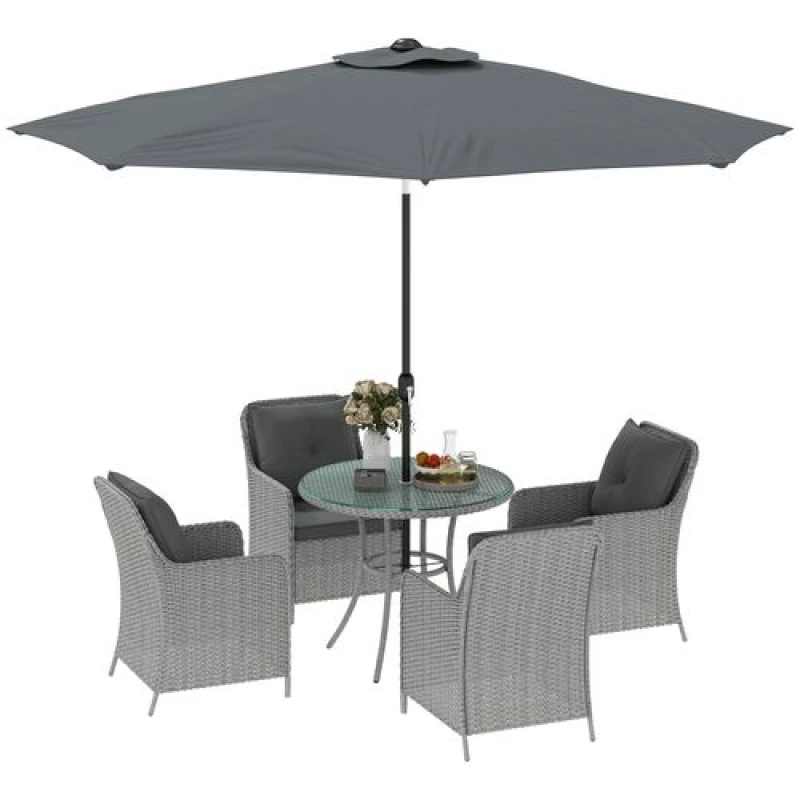 Image of Outsunny Luxury Rattan Garden Dining Set W/ Parasol, Cushions, Light Grey 861-086V70LG