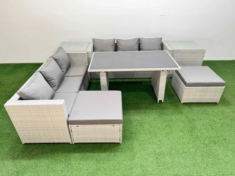 Image of Fimous 8-seater Patio Rectangular Table Sofa Set with 2 Side Tables 2 Stools in Light Grey Light Grey Unisex