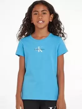 Image of Calvin Klein Jeans Girls Micro Monogram Short Sleeve Top - Blue Crush