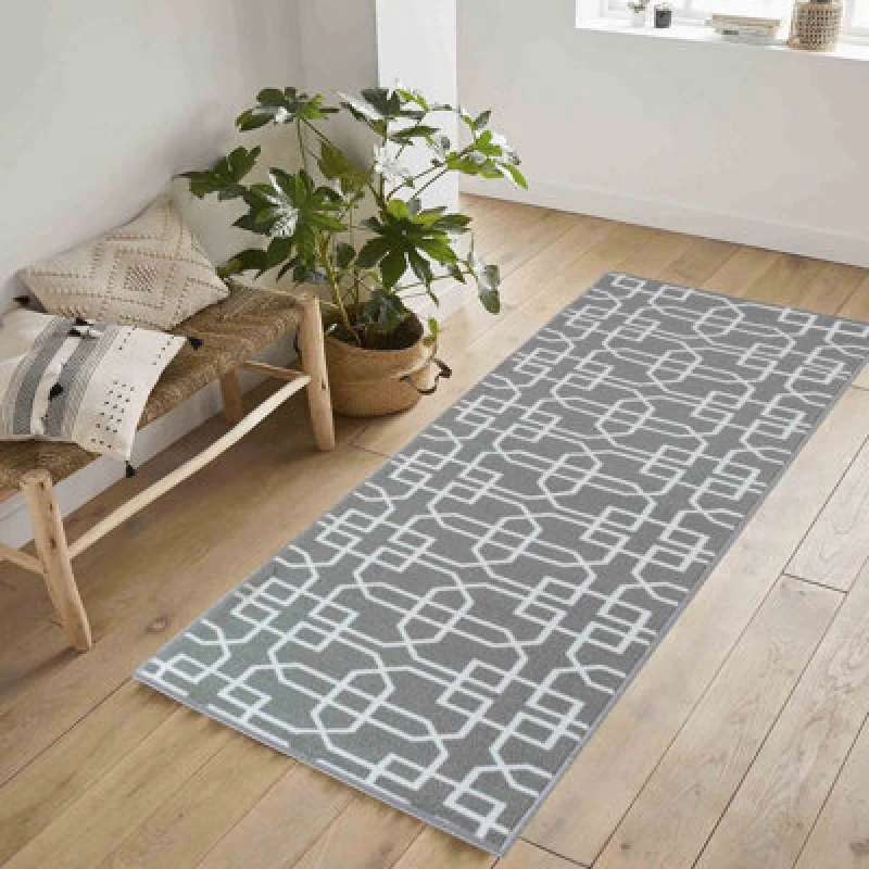 Image of Machine Washable Cubed Trellis Design Anti Slip Doormats Grey Cream 67X220 Cm