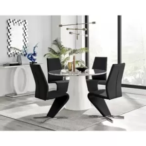 Image of Furniturebox Palma White Marble Effect 120cm Round Minimalist Dining Table & 4 Black Willow Silver Feet Faux Leather Chairs