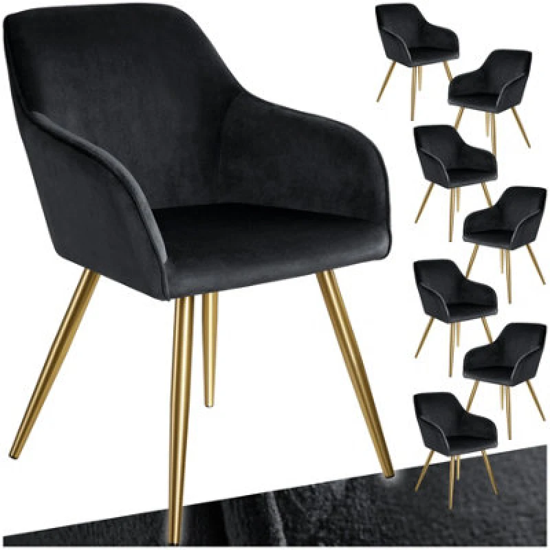 Image of Tectake Set Of 8 Chair Marilyn With Velvet Cover, Gold Steel Legs And Plush Padding - Black/gold