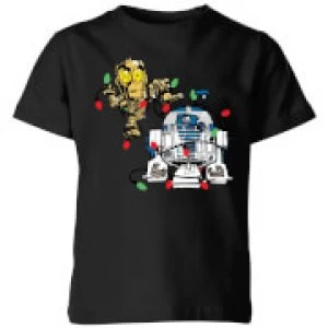 Image of Star Wars Tangled Fairy Lights Droids Kids Christmas T-Shirt - Black - 3-4 Years