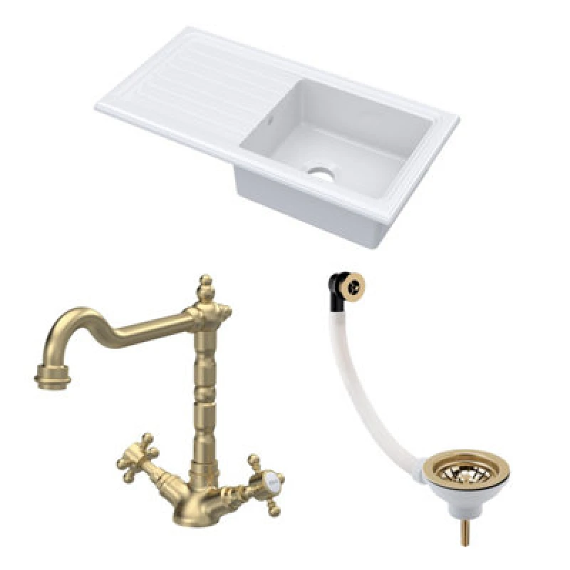 Image of BALTERLEY Fireclay Kitchen Bundle - Single Bowl Sink & Drainer, Waste & French Classic Tap, 1010mm - Brushed Brass - Balterley BKS231WT13