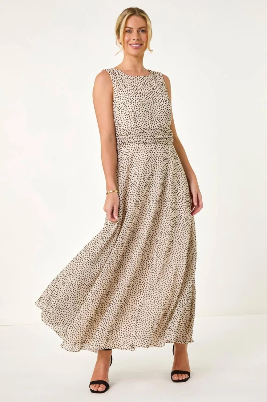 Image of Roman Womens Petite Spot Print Ruched Waist Midi Dress in Ivory Size: 14 Ivory Female 14