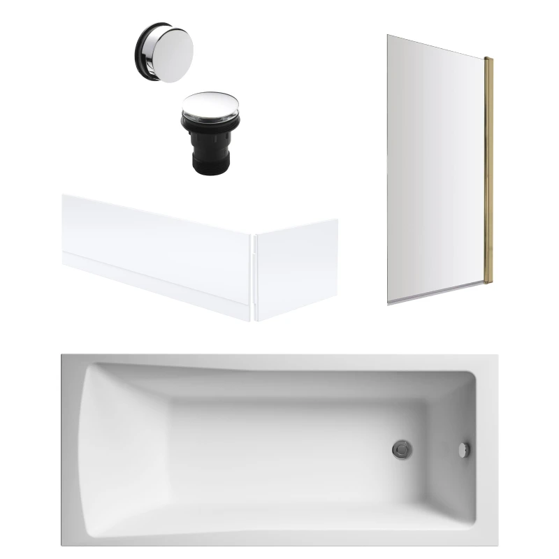 Image of Balterley Square Bath, Brushed Brass Screen, Panels, Chrome Waste -1700x700mm Silver