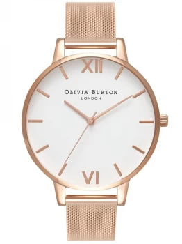 Image of Olivia Burton Womens Big Dial White Dial Watch - Rose Gold Mesh