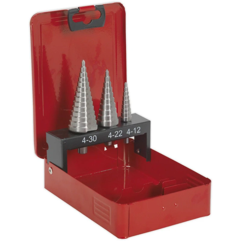 Image of Loops 3 Piece HSS M2 Double Flute Step Drill Bit Set - 3 Sizes - Precision Hole Drill Multi