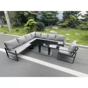 Image of Fimous 8 Seater Outdoor Dark Grey Aluminum Corner Sofa Complete Dining Set with Adjustable Rising Lifting Table