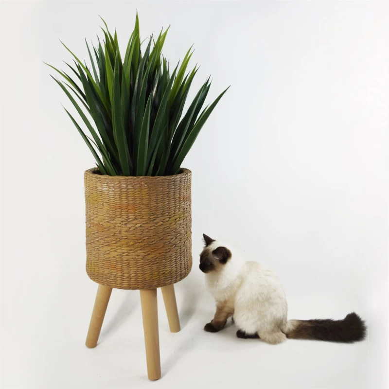 Image of Leaf Rattan Effect Composite Planter with Stand Dark Brown