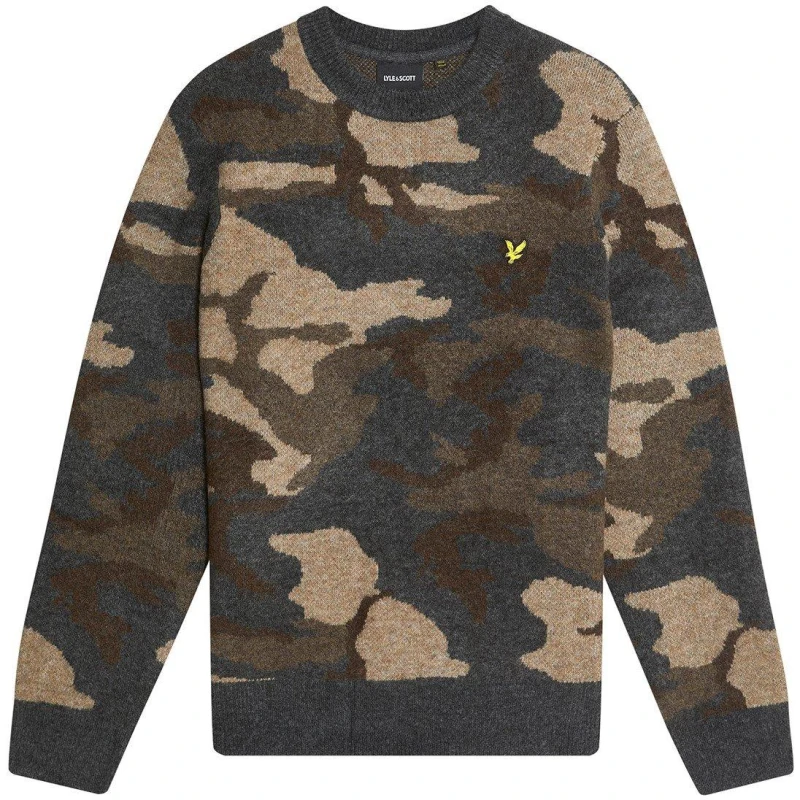 Image of Lyle and Scott Mens Camo Crew Neck Jumper Blck Steel X077 male M