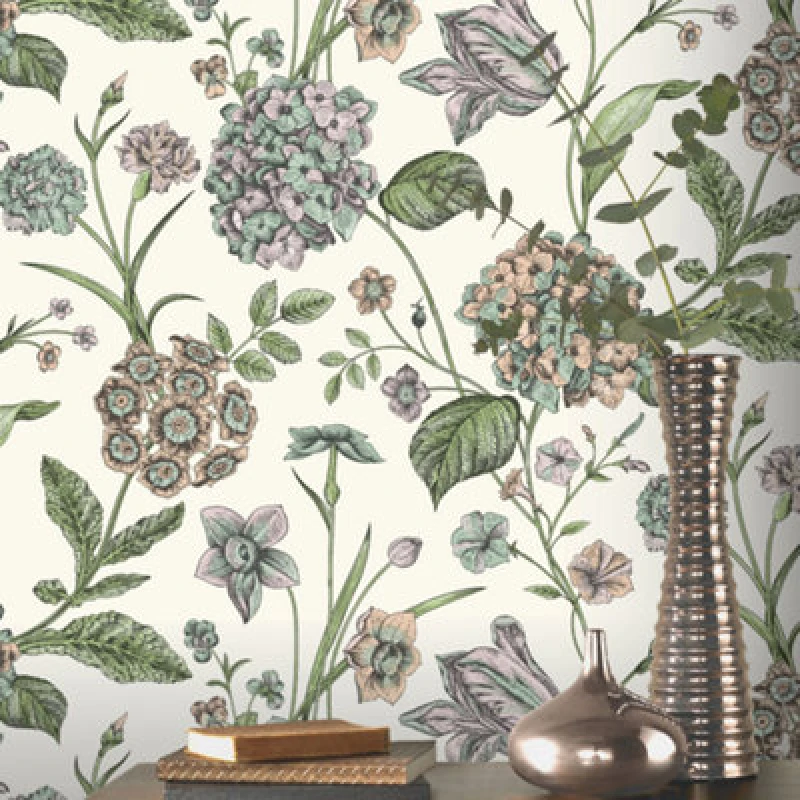 Image of Rasch Hydrangea Floral Tulips Wildflower Flowers Botanical Leaves Leaf Wallpaper Cream