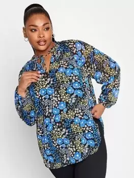 Image of Yours Tie Neck Chiffon Top Pretty Floral, Black, Size 20, Women