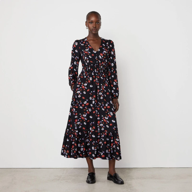 Image of Finery Womens Erina Smocked Bodice Smock Dress Black Floral female 8 (XS)