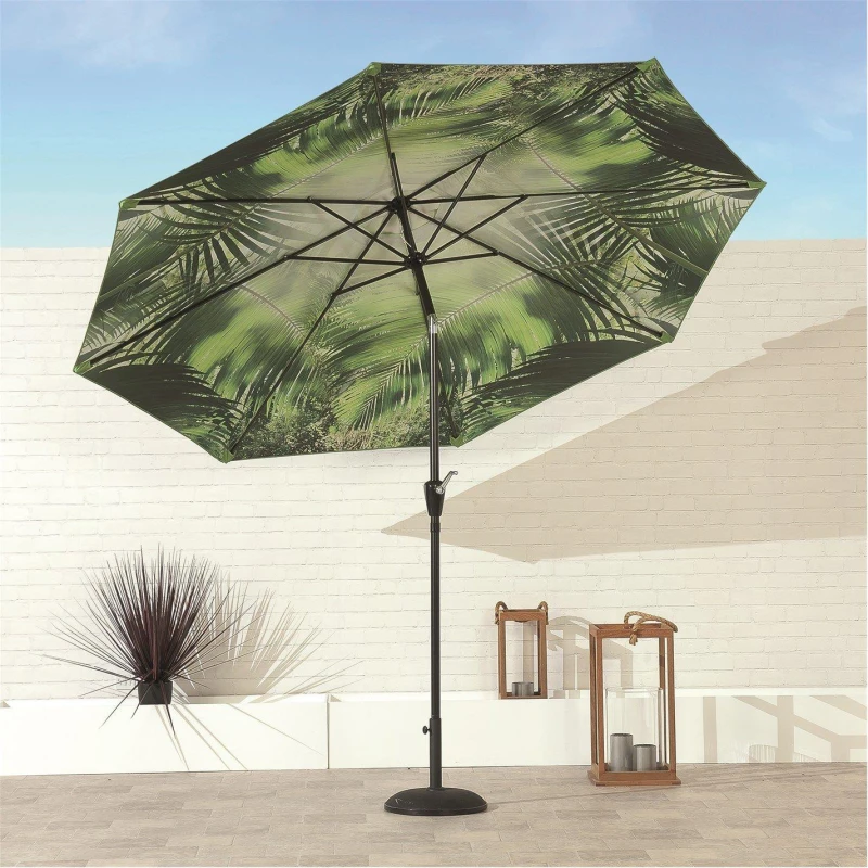 Image of Suntime 3m Palm Print Crank and Tilt Parasol Green unisex One Size