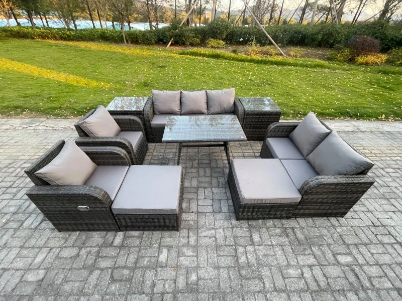 Image of Fimous Outdoor Rattan Garden Furniture Set 9 Seater Patio Lounge Sofa Set with Dining Table 2 Big Footstool 2 Side Tables Dark Grey Mixed Dark Grey