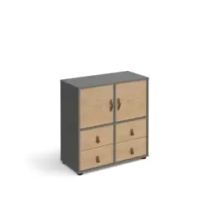Image of Universal cube storage unit 875mm high on glides with 2 cupboards and 2 sets of drawers - grey with oak inserts
