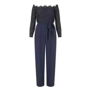 Image of Yumi Navy Lace Bardot three quarterSleeve Jumpsuit - Blue