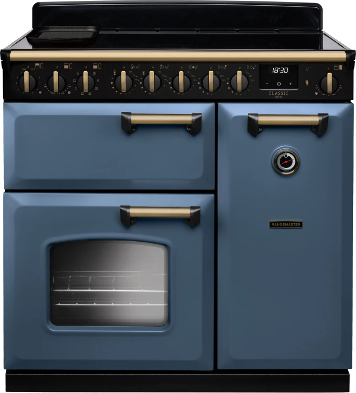 Image of Rangemaster CLDL90EIPSTB/AB1 Classic Deluxe 90cm Induction Range Cooker Antique Brass Trim 18279 - STONE Blue CLDL90EIPSTB/AB1