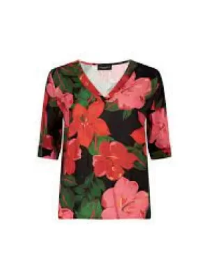 Image of James Lakeland Black V-Neck Floral Blouse - 8