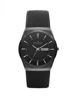 Image of Skagen Black Daydate Dial Black Leather Strap Mens Watch