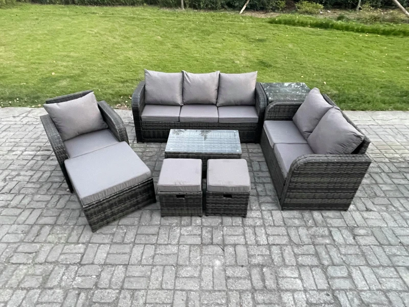 Image of Fimous Outdoor Garden Furniture Sets 8 Pieces Wicker Rattan Furniture Sofa Sets with Rectangular Coffee Table Loveseat Sofa 3 Footstools Dark Grey