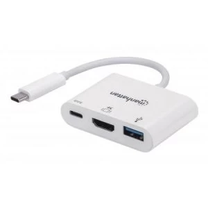 Image of Manhattan USB-C 3-Port Hub/Dock/Converter USB-C to HDMI USB-C (including Power Delivery) and USB-A Ports 5 Gbps (USB 3.2 Gen1 aka USB 3.0) HDMI 4K vid