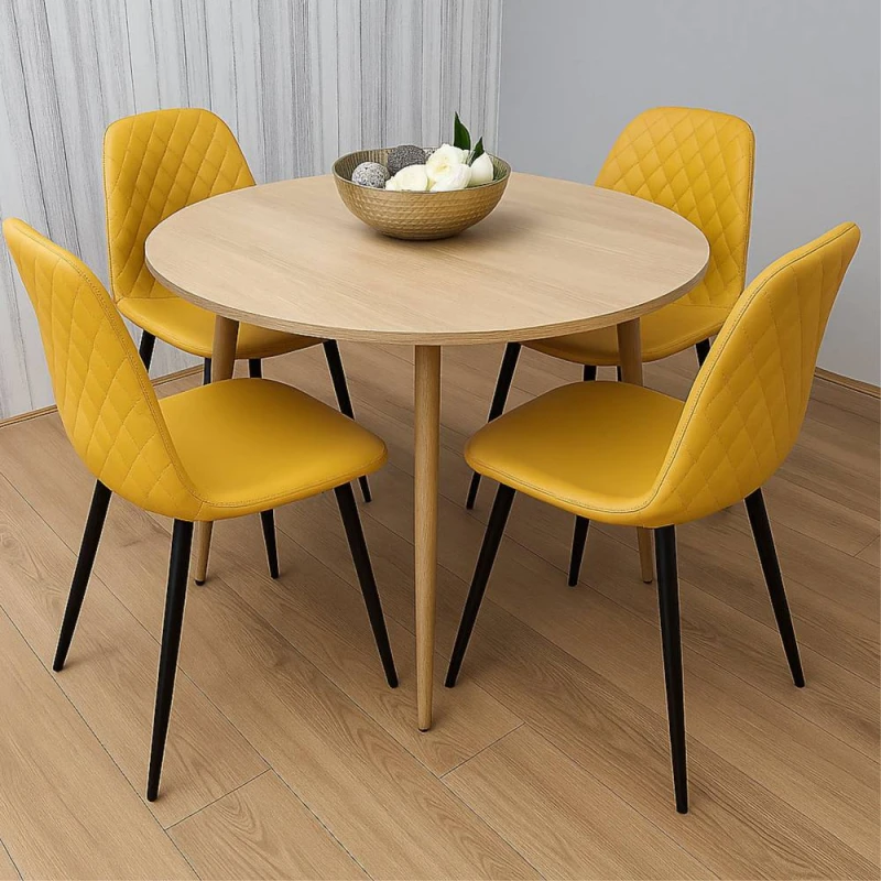 Image of KOSY KOALA Modern Round Table Set With 4 Mustard Faux Leather Chairs Mustard Unisex