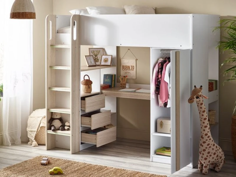 Image of Julian Bowen Ocean 3ft Single White and Light Oak Wooden High Sleeper Bed Frame