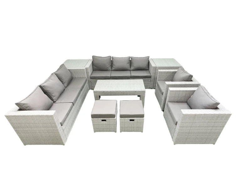 Image of Fimous Outdoor Garden Furniture Rattan Sofa Set with 2 Armchairs Oblong Coffee Table 2 Small Footstools 2 Side Tables Light Grey Mixed Light Grey