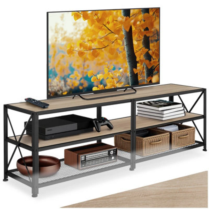 Image of Tectake Industrial TV Stand - Lowboard Cabinet 3 Shelves Low Display Console 161cm - Industrial Wood Light, Oak Sonoma