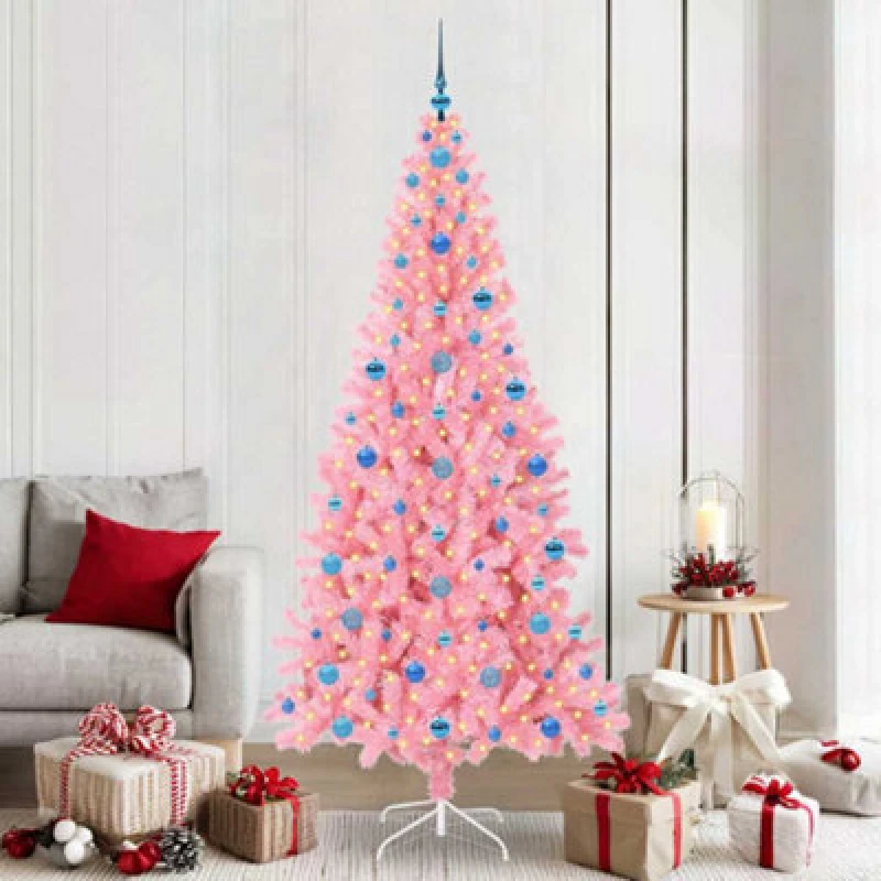 Image of vidaXL Christmas Tree with 300 LEDs with Stand, Blue Balls Pink 210cm PVC, Pink 3396445