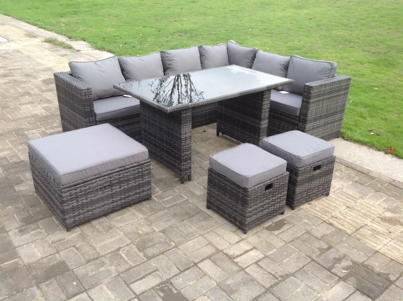Image of Fimous 7 Seater PE Rattan Corner Sofa Set Rectangular Dining Table Set With Seat And Back Cushion Dark Grey