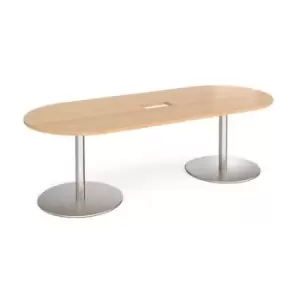 Image of Eternal radial end boardroom table 2400mm x 1000mm with central cutout 272mm x 132mm - brushed steel base and beech top