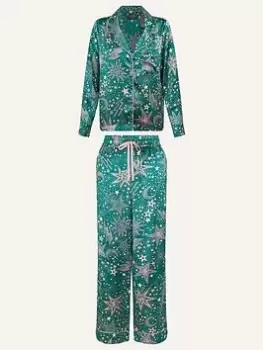 Image of Accessorize Star Print Satin Pyjamas, Blue, Size S, Women