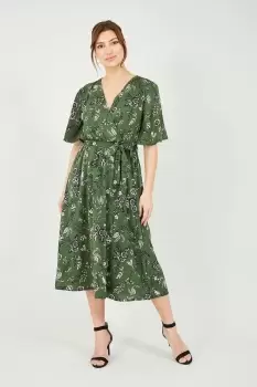 Image of Green Recycled Bird Print Wrap Midi Dress